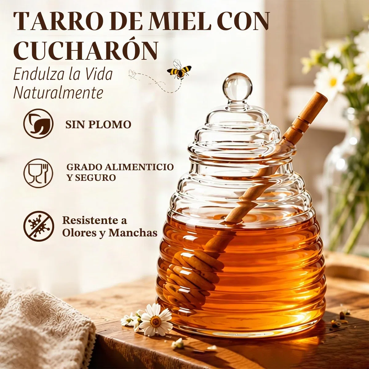 Tarro Dosificador para Miel 500ml - Dispensador Reutilizable para Sirope y Salsas, Incluye Cuchara Medidora y Tapa Vaso, Ideal para Almacenamiento de Almíbar (Diseño Antigoteo)