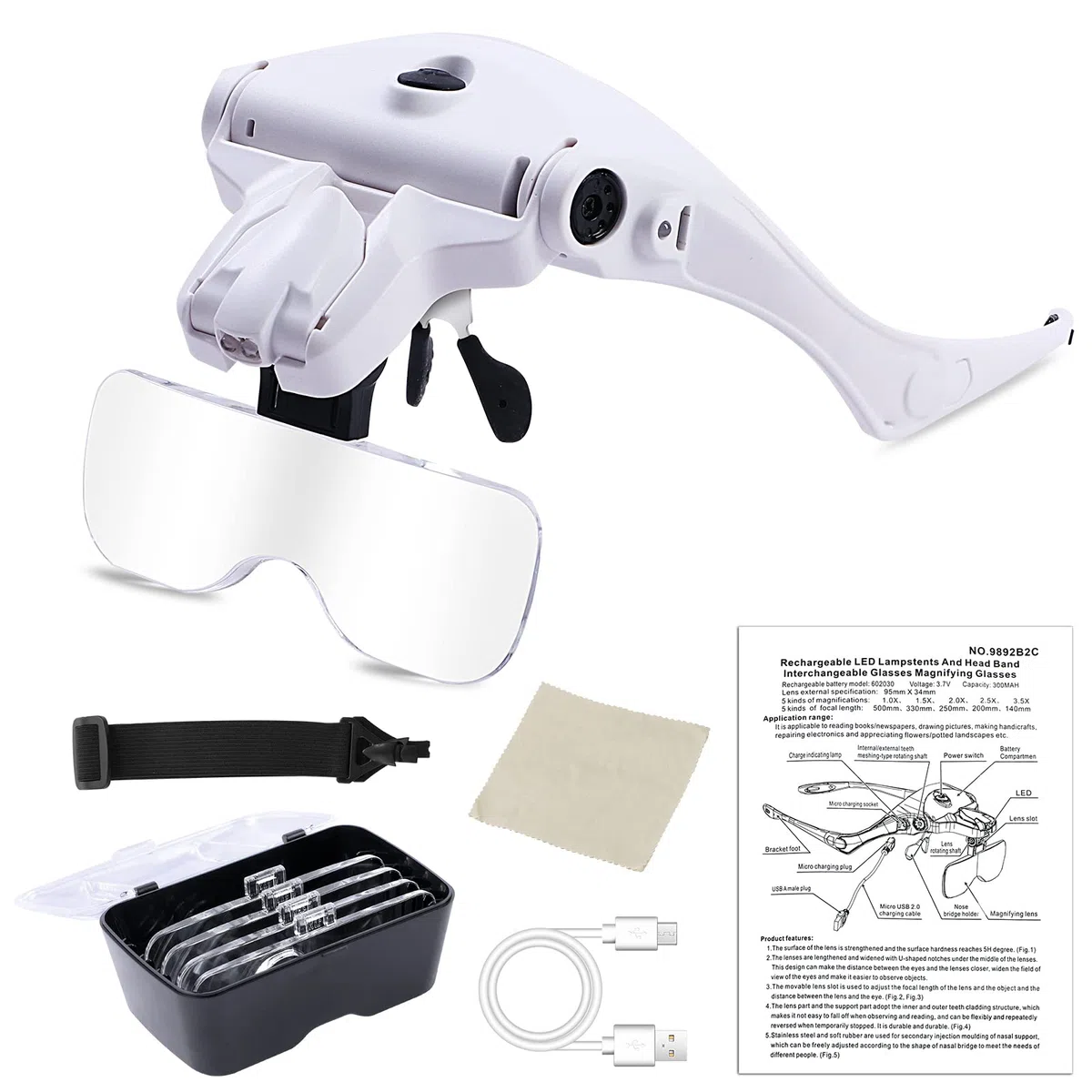 Lupa de diadema manos libres, lupa de cabeza de carga USB con luz LED para joyería, reloj de manualidades, 5 lentes 1.0X 1.5X 2.0X 2.5X 3.5X (versión mejorada)