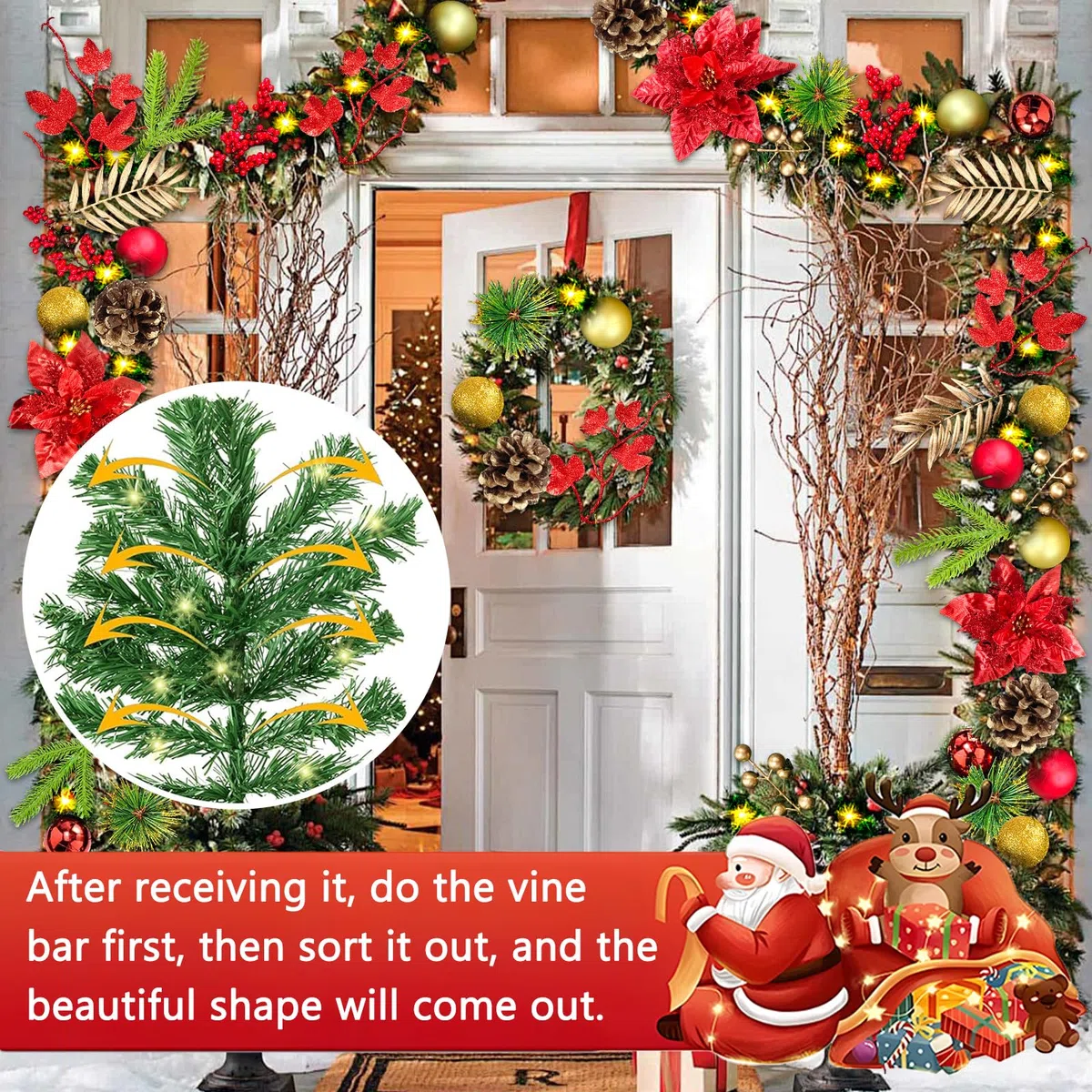 Guirnalda Navidad 270 cm con Luces - Adorno para Escaleras, Puerta, Ventana