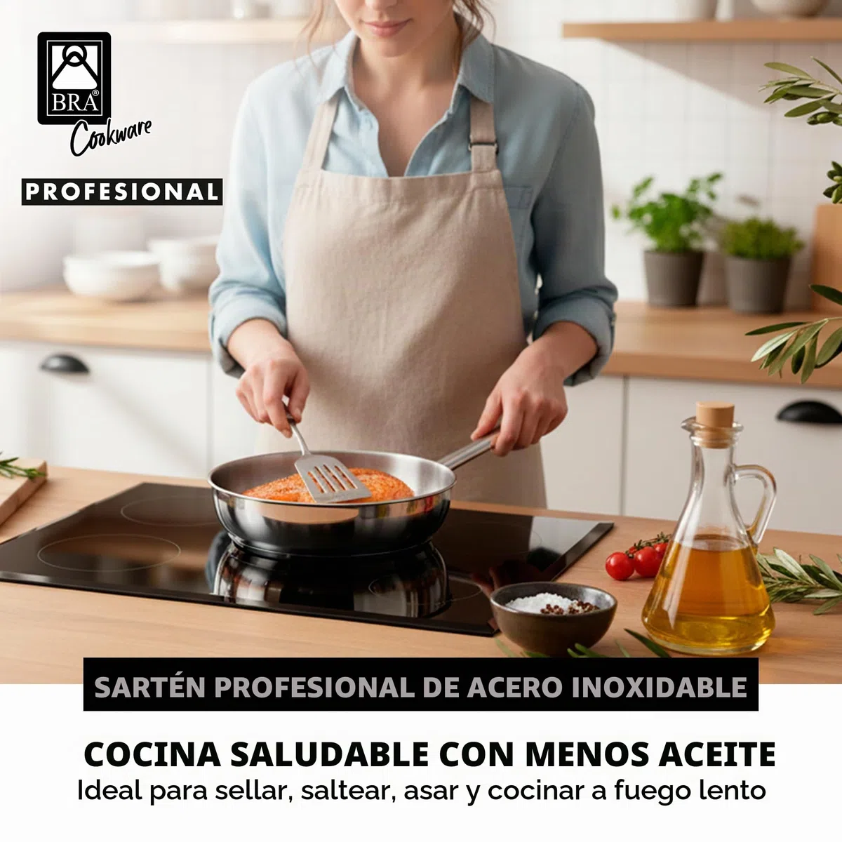 BRA A121612 Profesional Sartén, 24 cm, Acero Inoxidable, 18/10, Triple Fondo difusor sin Antiadherente, Full Induction, Mango ergonómico, Plateado