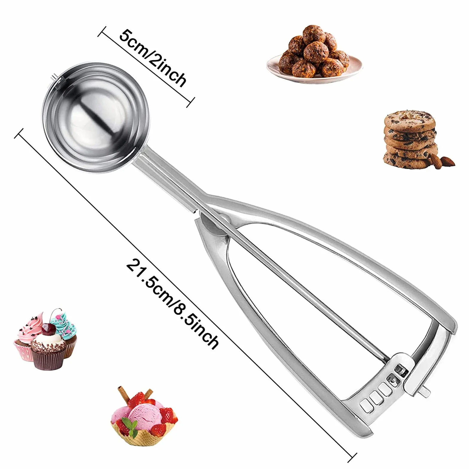 Cuchara para Helados, 5cm Cuchara de Helados con Gatillo 304 Cuchara de Helado de Acero Inoxidable Cuchara Disparador para Bolas de Helado para Helados, Frutas, puré de Alimentos