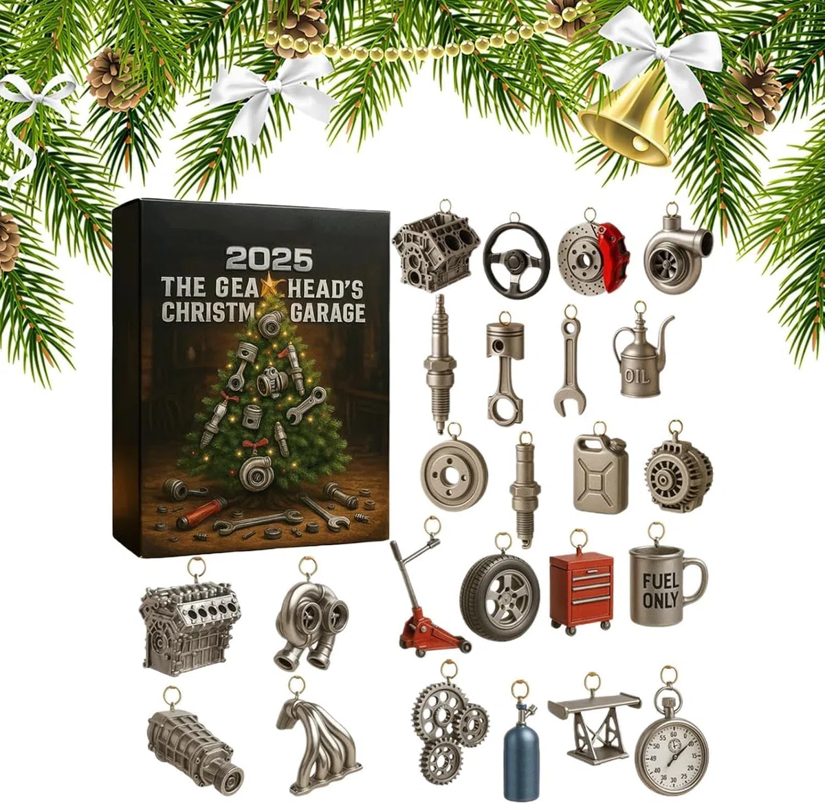 Calendario de Adviento para Amantes de los Coches, Advent Calendar 2025, El Garaje Navideño del Mecánico: 24 Miniaturas de Herramientas y Piezas de Automóvil, Regalo para Mecánicos y Aficionados