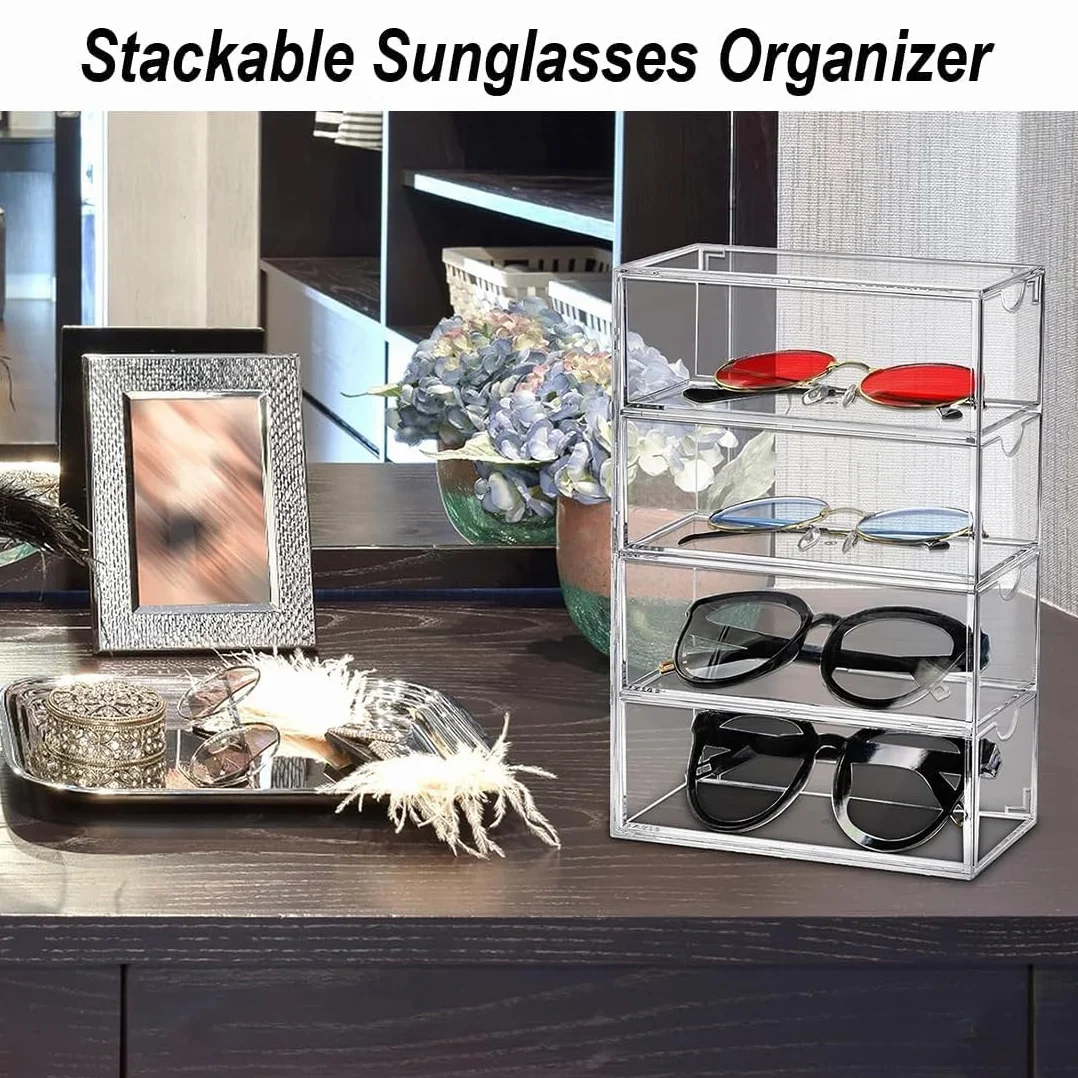 Almacenamiento de gafas de sol acrílicas - Organizador de gafas con 4 cajones para gafas múltiples, joyas, relojes - Almacenamiento de gafas de sol transparente, paquete de 2 Organizador de