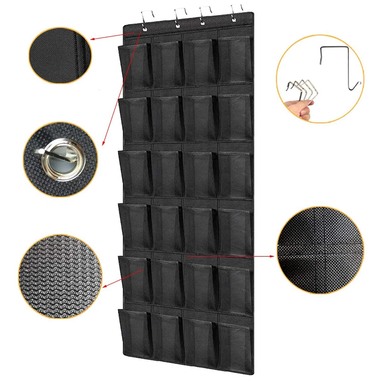 24 bolsillos para zapatos colgantes, almacenamiento suspendido, encima de la puerta, armario de pared, grandes bolsillos de malla negros