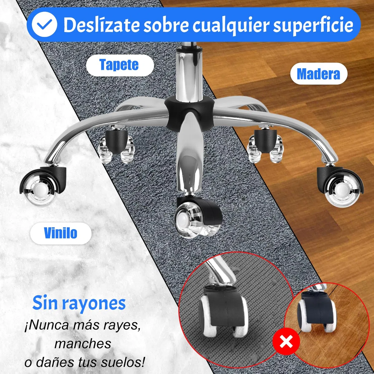 LUZOON Ruedas para Silla Oficina,11x22mm 5 Pcs Ruedas para Silla Oficina, 360 grados, rotación sin arañazos, para parquet, alfombras, laminado y azulejos, Silencioso, Seguro, Duradero