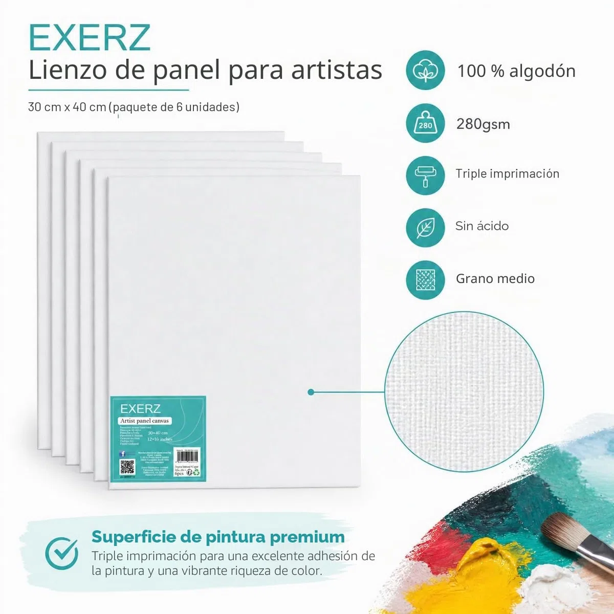 EXERZ 30x40cm Paneles de Lienzos 6 piezas - 0,3cm de Espesor / A3 Lienzos 280GSM / 100% Algodón - Color Blanco/Triple Preparado/Libre de Acido/Hebra Media / - acrílicos & óleo
