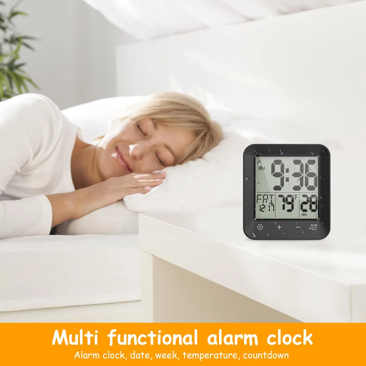 ALLOMN Reloj de ducha digital, resistente al agua, temporizador con alarma de cuenta regresiva, indicador de temperatura, reloj de baño táctil, reloj de ducha con ventosa, soporte para niños y adultos