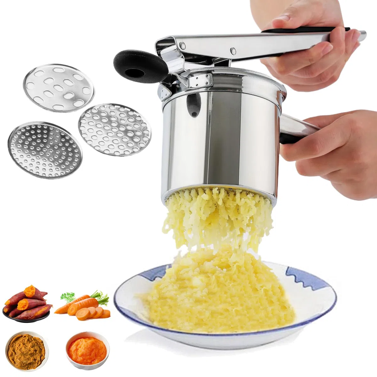 Machacador de Patatas con 3 Discos Intercambiables, Triturador Papas Acero Inoxidable Profesionales, Exprimidor Zumos Mermelada, Prensador para Puré Patatas, Bebés Frutas, Verduras, Receta Alimentos