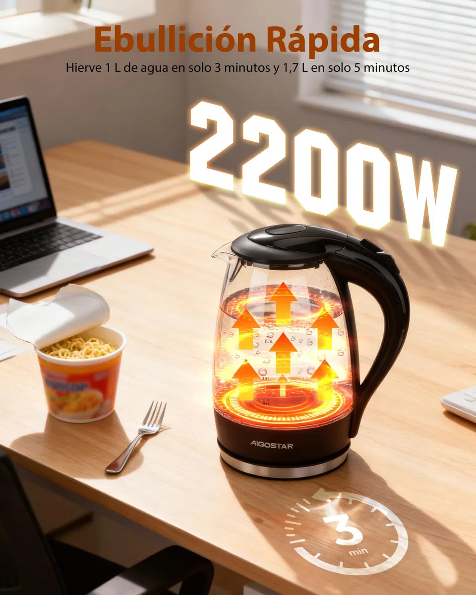 Aigostar Adam 30GOM - Hervidor de Agua Eléctrico de Cristal, Hervidores Eléctrico con Iluminación Led, 1,7 L, 2200W, Libre de BPA y Sistema de Protección Contra la Ebullición en Seco, Base 360º