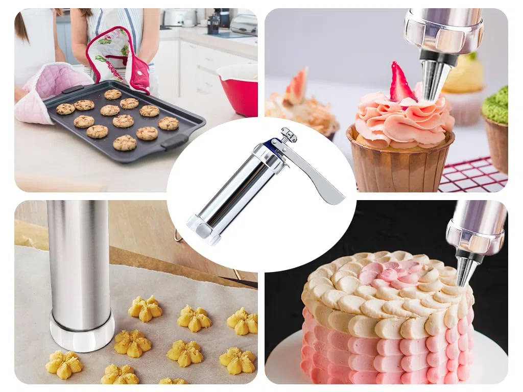 Máquina de Galletas de Acero Inoxidable, Máquina Galletas Molde para Repostería con 8 Boquillas y 20 Plantillas, Galletas Máquina Enviar 100 Bolsa de Galletas, para Pastel, Galleta