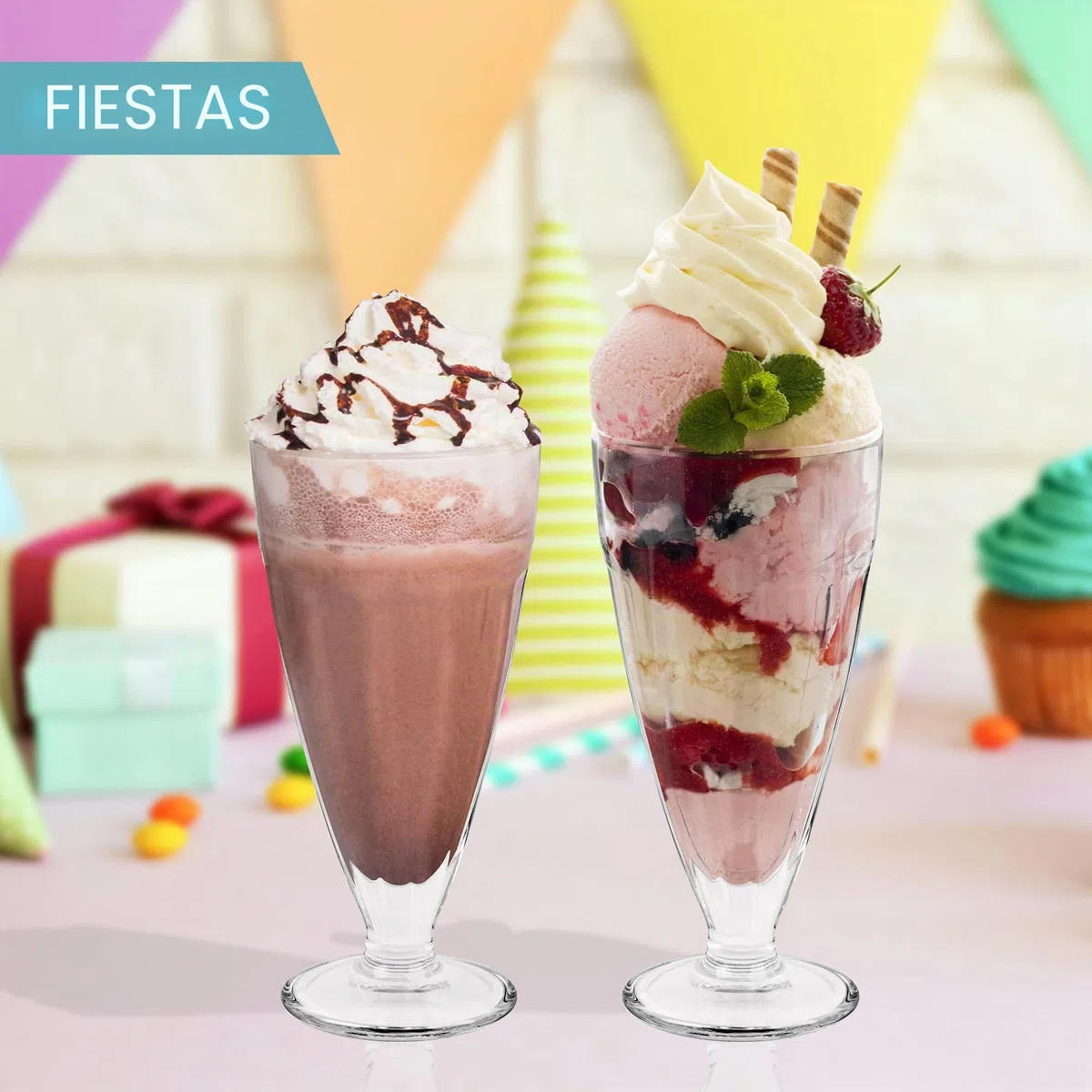 HEFTMAN Juego de 4 vasos altos de 350 ml para batidos de helado, vasos retro Knickerbocker Glory, aptos para lavavajillas, vasos transparentes (4 piezas)