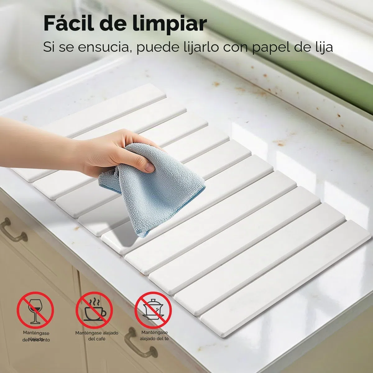 Alfombrilla de goteo para platos, 60 x 40 cm, alfombrilla de tierra de diatomeas que absorbe el agua, para cocina, plegable, para fregadero, cafetera, de secado rápido, para vajilla y tazas (blanco,