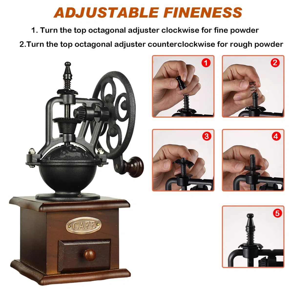 Molinillo de café manual Coffee Grinder Encantadora molino de café retro en diseño antiguo hecho de madera y hierro fundido Espressomühle para granos de café