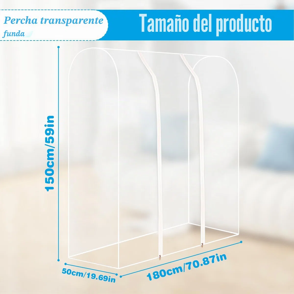 Funda protectora impermeable para percheros: bolsas de ropa translúcidas con cremallera, cubierta transparente transparente para perchero con cremallera (50 x 150 x 180 cm)
