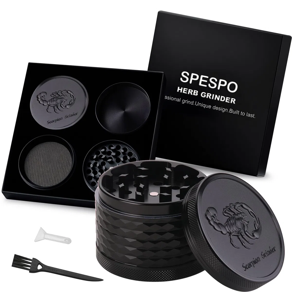 Herb Grinder, Molinillo de hierbas Premium de aluminio de 2.5 pulgadas（63mm) con escorpión grabados, 4 piezas, molinillo grande con raspador de polen (Negro)