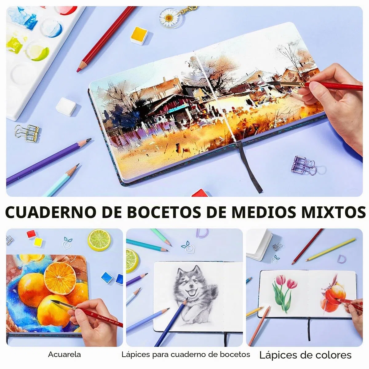 Lightwish Diario de acuarela cuadrado, 100% algodón, 300 g/m²/140 lb, libre de ácidos, 24 hojas de cuaderno de bocetos de acuarela prensado en frío para artistas, adultos, estudiantes, 16 x 16 cm