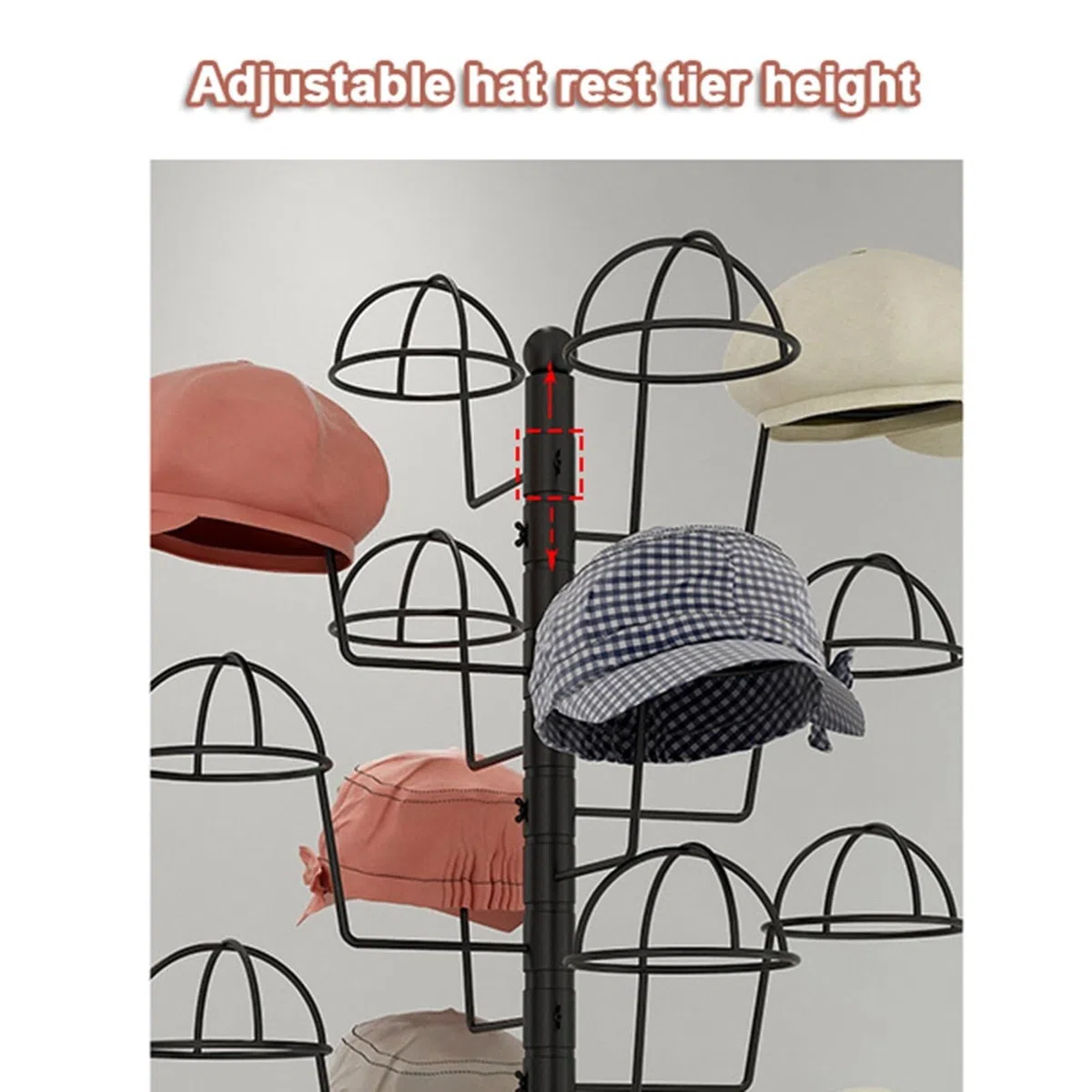 Expositor de Sombreros de Metal Ajustable con 4 Ruedas giratorias, Soporte de Suelo Giratorio para Gorras, Pelucas y Cascos, con Capacidad para 10-35 Sombreros (Negro, con 10 Sopor