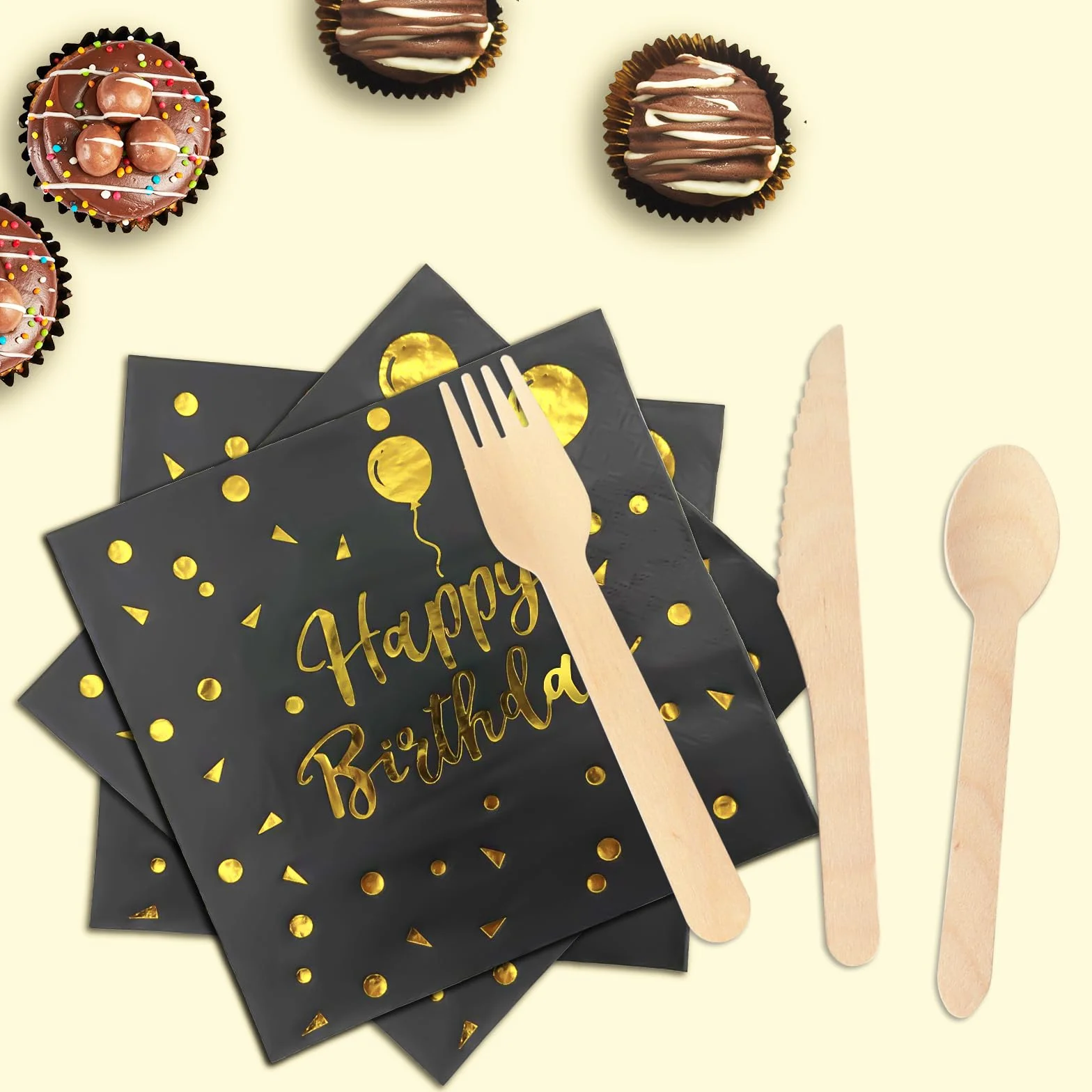 Cumpleaños Vajilla de Fiesta,193 Pcs Oro Negro Vajilla Set Platos Fiesta Tazas Servilletas Cuchillos Tenedores Cuchara y Mantel, para todo tipo de Fiestas Temáticas -24 invitados