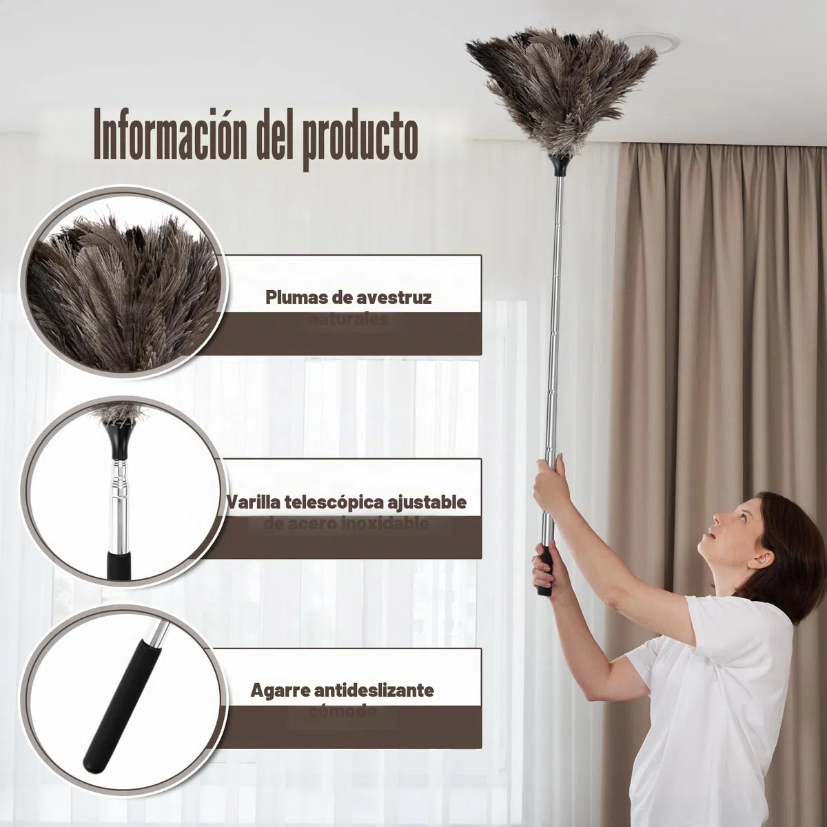 Plumero de avestruz con mango telescópico Plumero telescópico Largo Extensible Lavable Anti-estático Eficaz Capturador de polvo Ajustable de 43cm a 115cm para Superficies Altas Ventilador de