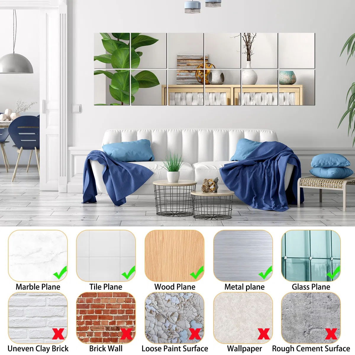 4 Piezas Espejo de Cristal 20 x 20 cm, Azulejos Autoadhesivos Bricolaje HD para Decoración de Pared, Armario, Baño, Sala de Estar y Dormitorio