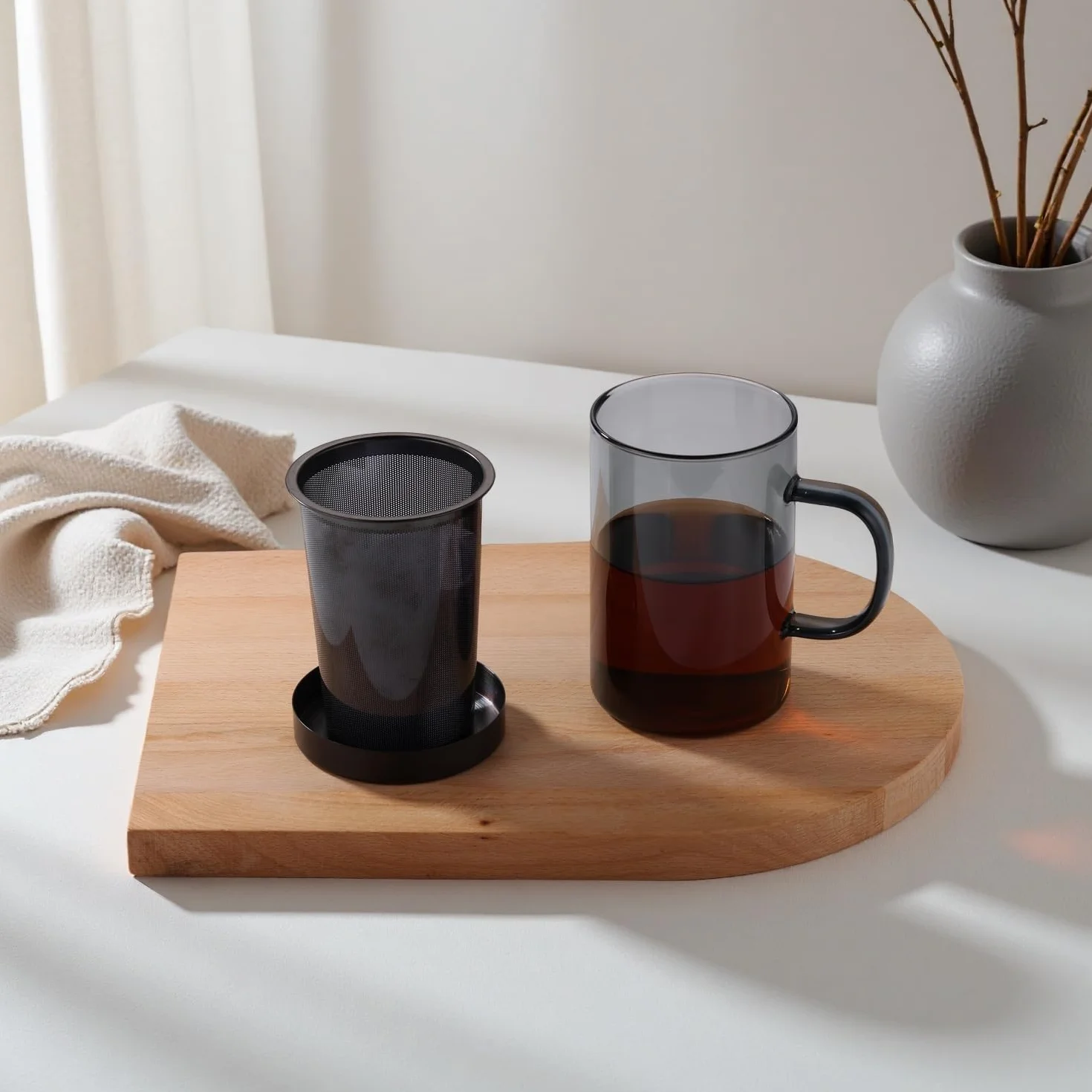 ecooe 500 ml Taza de té de cristal negro con colador y tapa, vaso de té con asa, taza de té de borosilicato con filtro de té