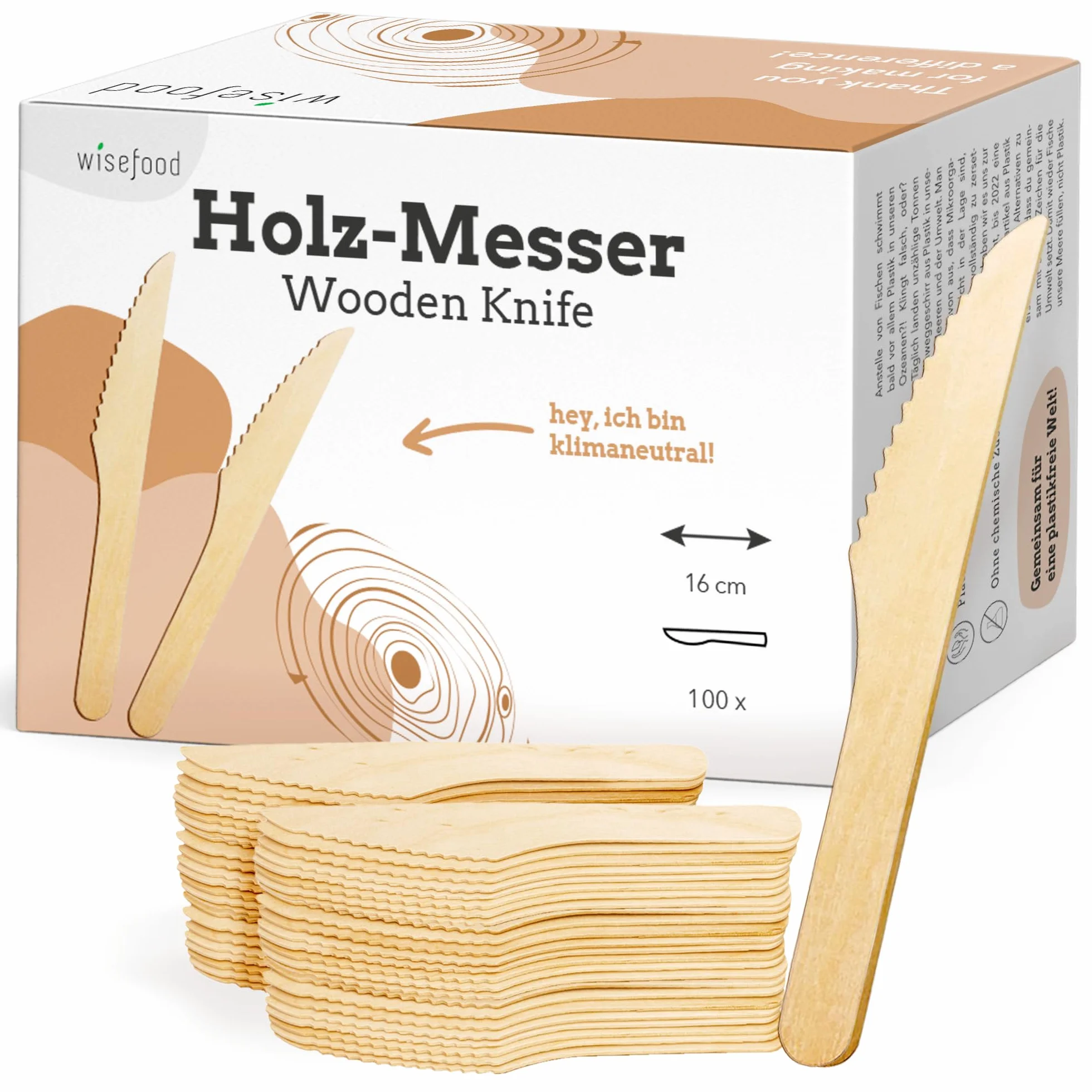 Wiseware - Cuchillos desechables de madera de abedul, 100 unidades, cuchillos desechables, biodegradables, naturales, estables, respetuosos con el medio ambiente, embalaje sin plástico