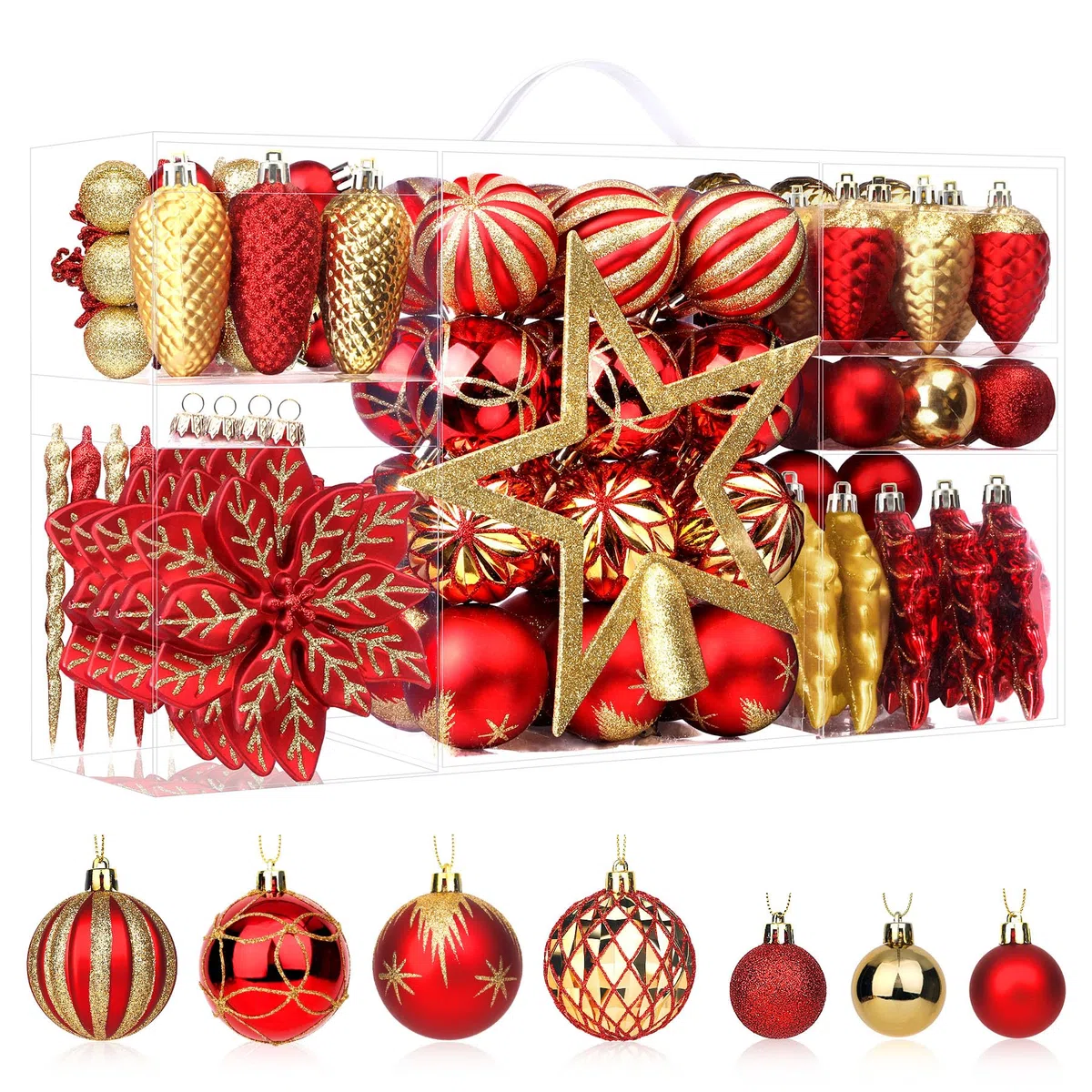 SHareconn 2025 Nuevo Juego de 106 Adornos Navideños, Adornos Decorativos de Plástico Inastillables para Decoración del Árbol de Navidad, Rojo rubí Y Oro