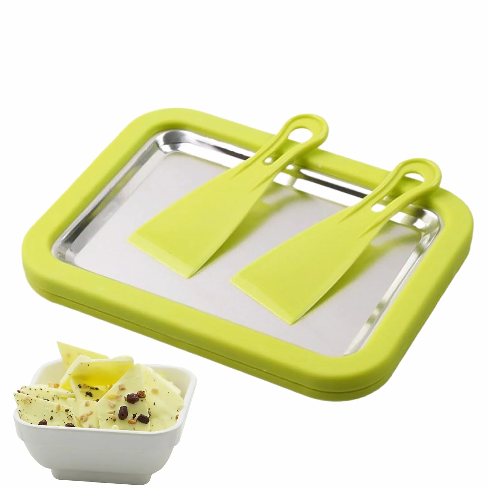 Kit Para Hacer Helados Enrollados En Casa, Sin Necesidad De Energía, 22x17,5x3,5 Cm, Tabla Para Postres Congelada Con 2 Raspadores, Frío Para Helado, Construcción De Acero Inoxidable, Para Postr