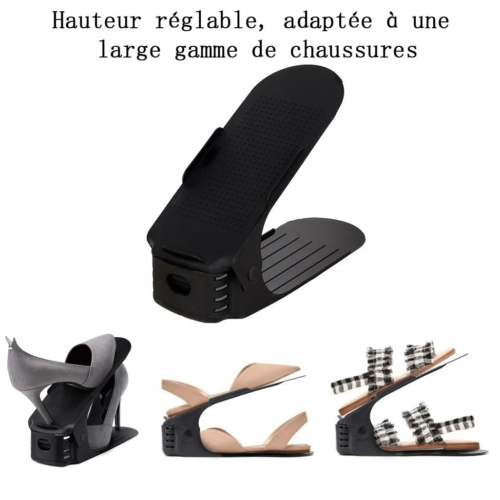 LATRAT - Juego de 10 soportes y apiladores para zapatos ajustables, almacenamiento eficiente, 50%, zapatero antideslizante, soporte de plástico negro, 25 x 6,5 cm