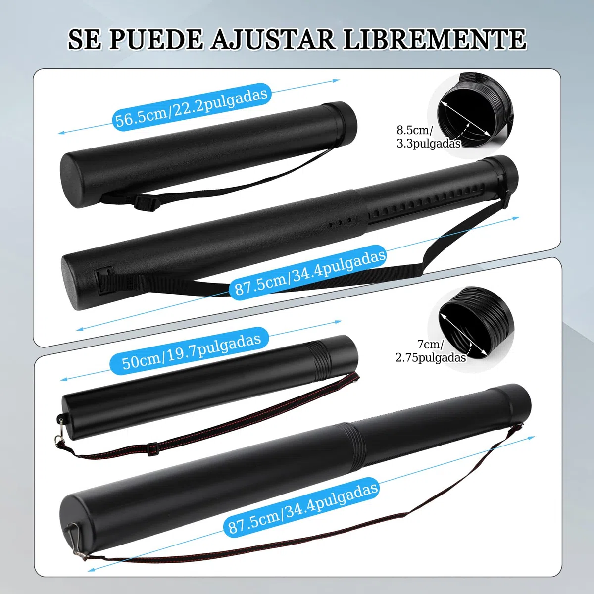 DEWEL 2 Tamaños Tubo Portaplanos, Portaplanos Extensible 56,5-87,5cm y 50-87,5cm, Longitud y Correa de Transporte Ajustables, Tubo para Guardar Planos, Tubo para Poster, Transporte de Arte y Póster