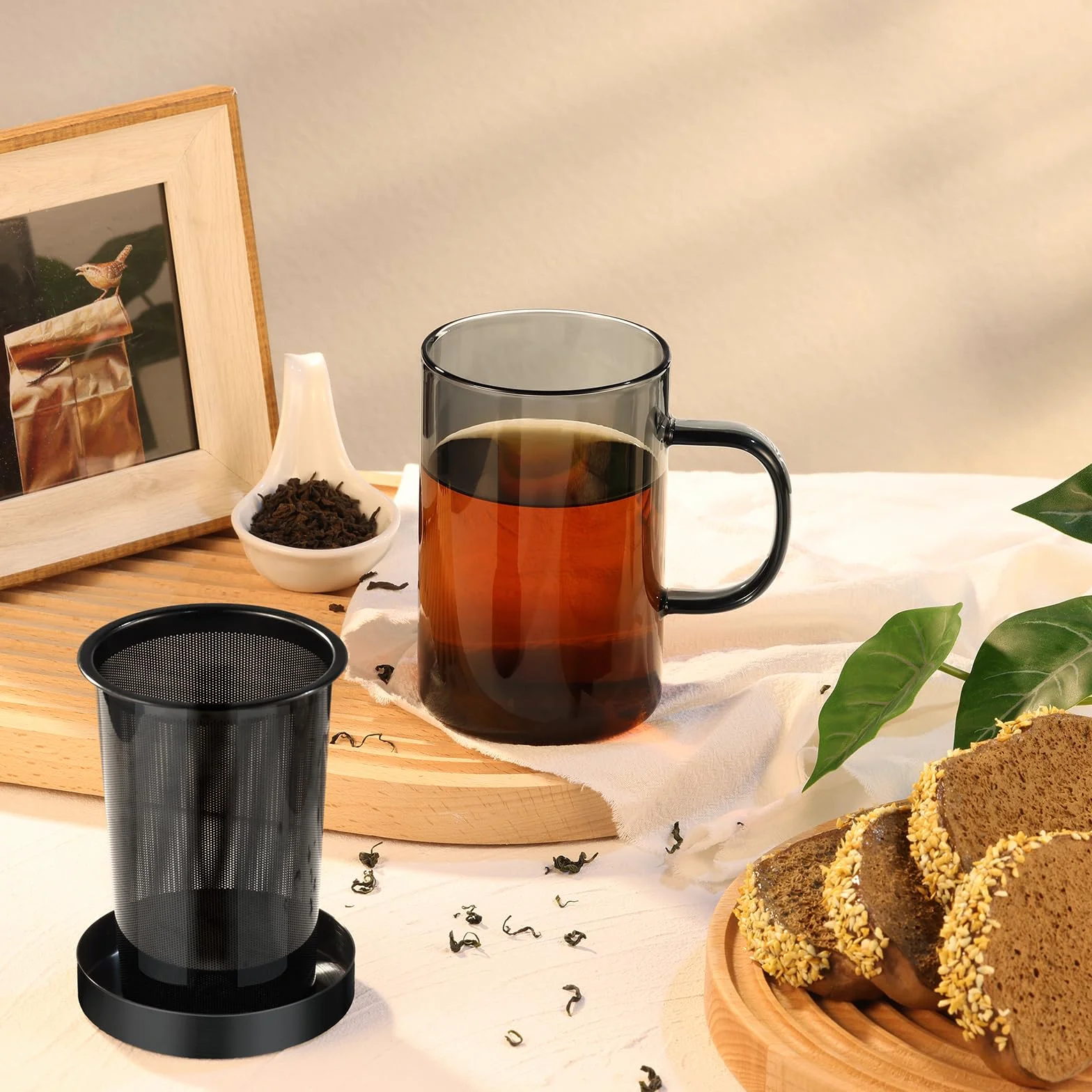 ecooe 500 ml Taza de té de cristal negro con colador y tapa, vaso de té con asa, taza de té de borosilicato con filtro de té