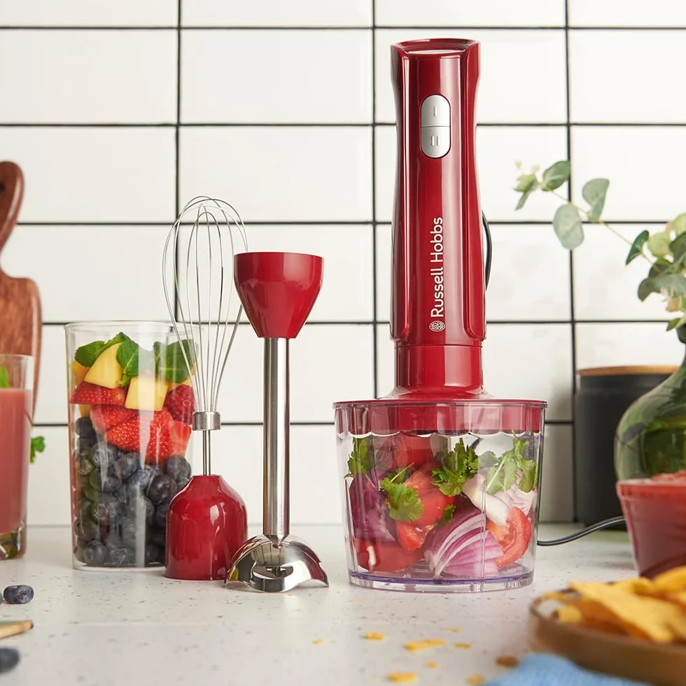 Russell Hobbs Batidora de mano [3 en 1] Desire Red (Triturar, Batir y Picar, Recipiente 500 ml + Vaso 600 ml, Acero inoxidable, 2 Velocidades + Pulso, Sin BPA, Accesorios Aptos Lavavajillas) 27142-56
