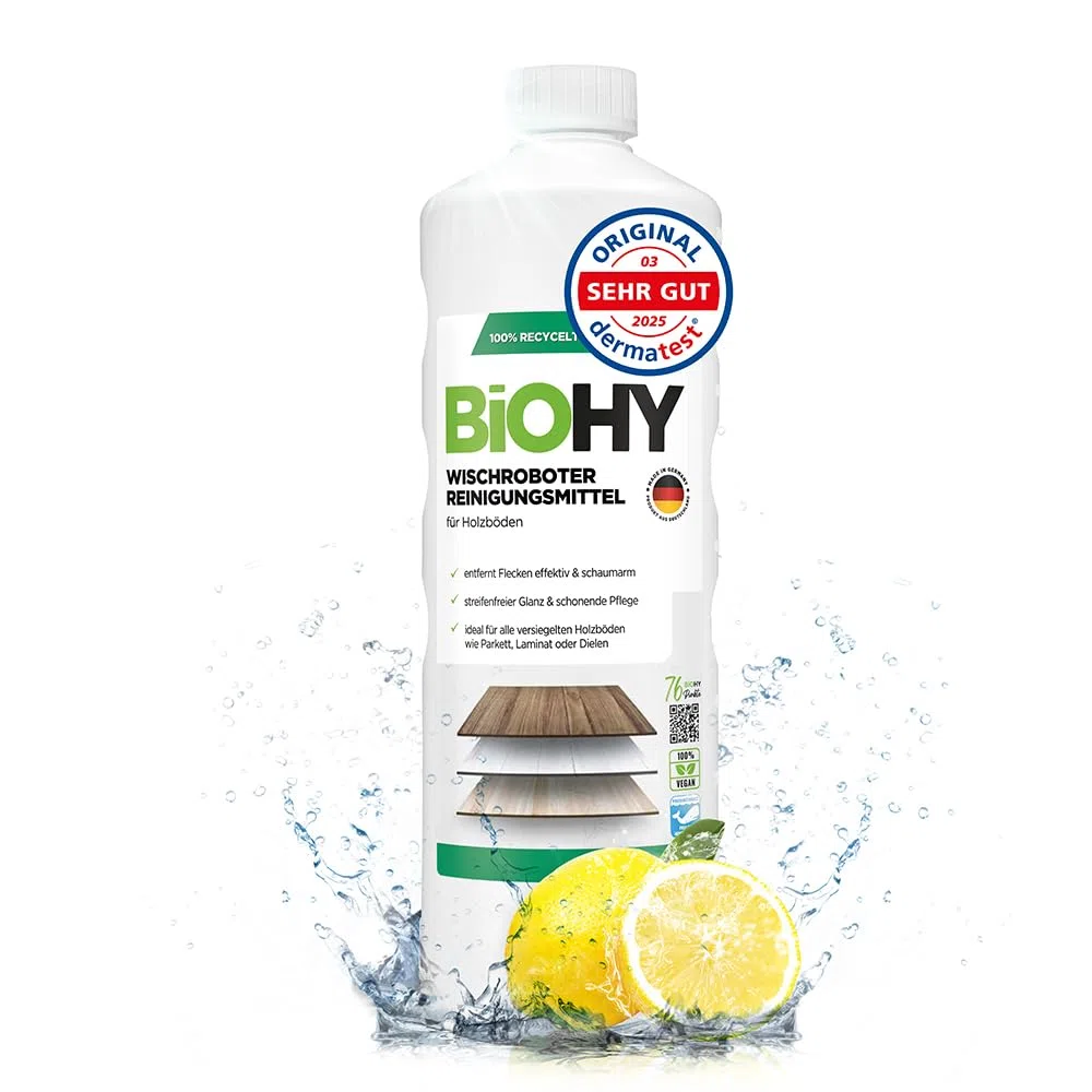 BiOHY Detergente robot de limpieza (1 botella de 1 litro) | Limpiador para los suelos de madera | parquet y laminado | Concentrado con fragancia fresca brillo sin rayas| vegano (Wischroboter Holz)