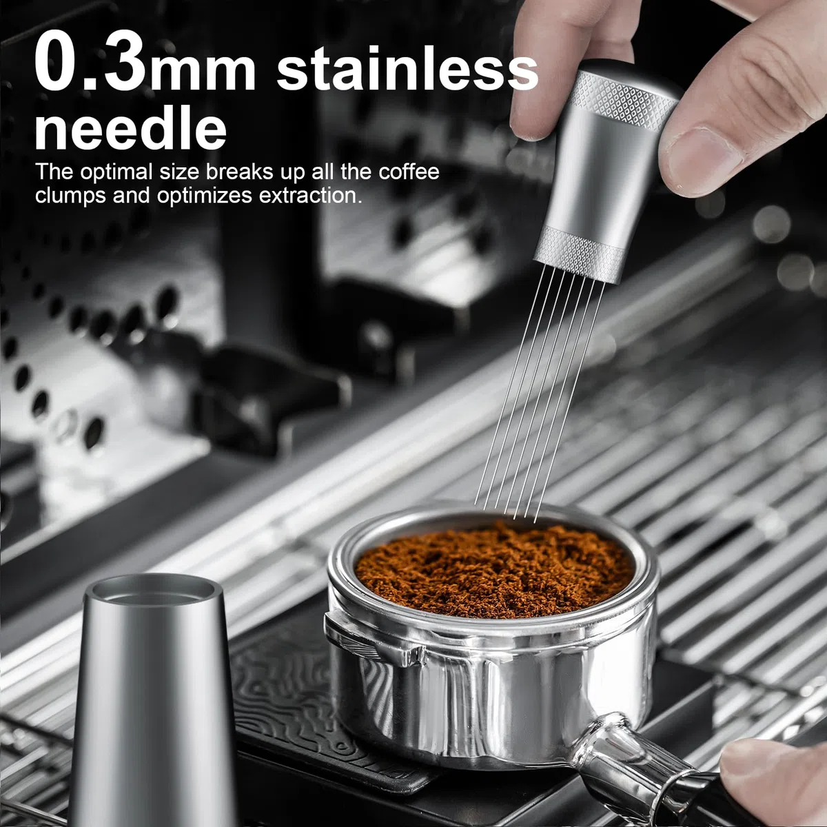 Wdt Tool, distribuidor de café desmontable con soporte con 7 agujas de café expreso de 0,3 mm, herramienta Wdt de aluminio, distribuidor de café, regalos para baristas (plata)