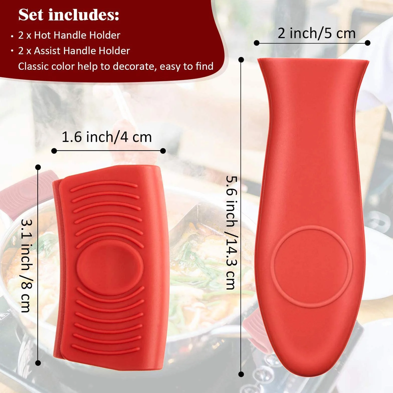 4 Piezas Soporte de Agarre Térmico de Silicona, Abrazadera de Agarre Térmico de Silicona y Soporte de Mango Auxiliar, Negro y Rojo, Anti Escaldaduras, Se Pueden Utilizar para Sartenes, Hornos
