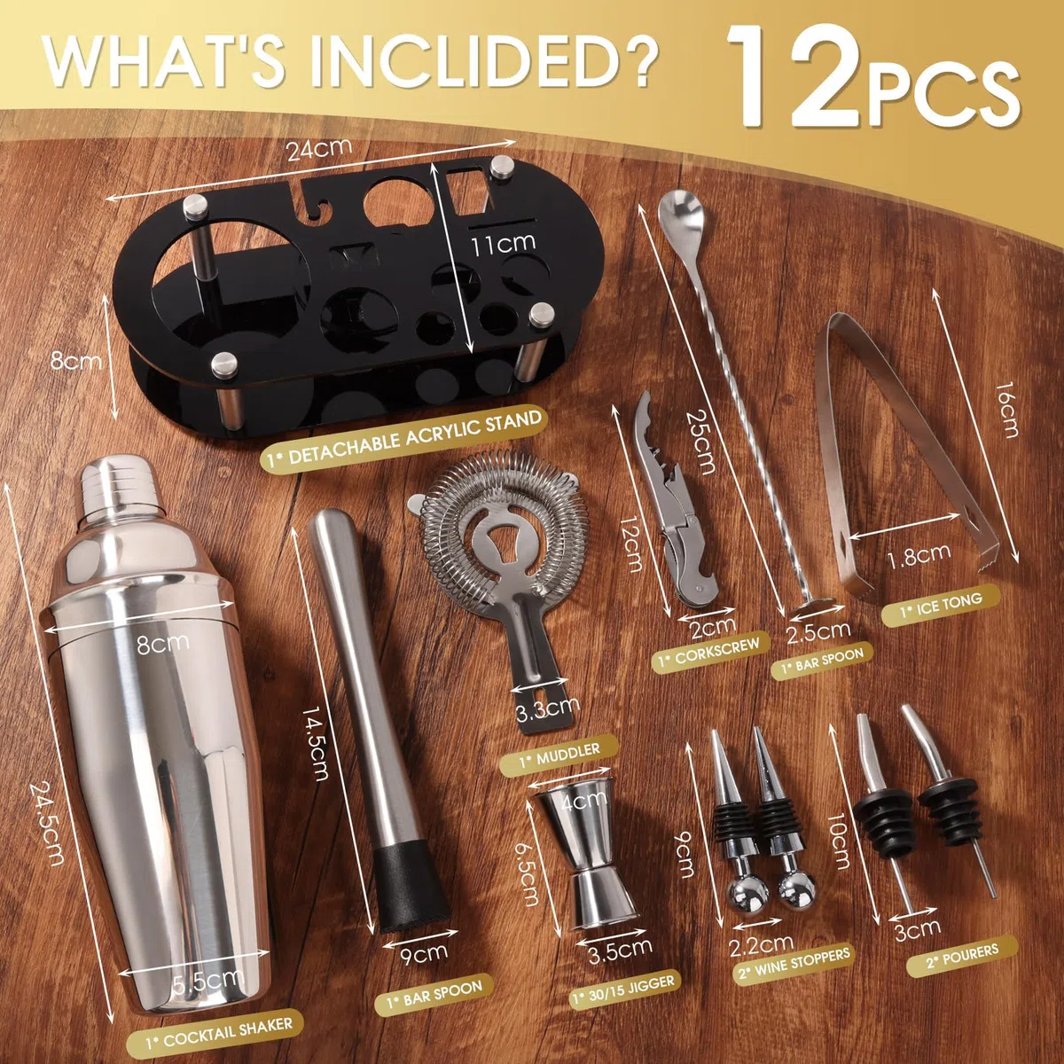 FoiiLiio 12 Piezas Juego de Cocktail Shaker INOX,Coctelera Profesional 750 mL,Juego de cocteleras Esenciales para Fiestas,Profesional Barman Herramientas,Profesional Coctelera para Cocteles