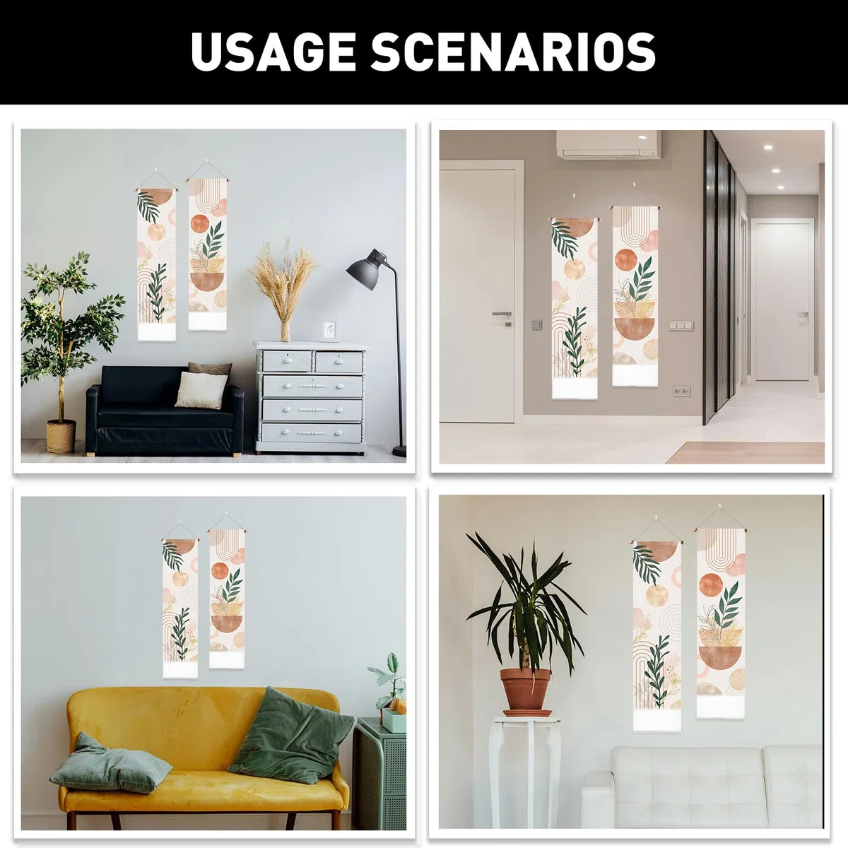 PLIGREAT Paquete de 2 tapices bohemios con borlas, 132 x 33 cm, diseño de plantas estéticas para colgar en la pared, abstracto, vertical, para dormitorio, sala de estar, baño, decoración artística