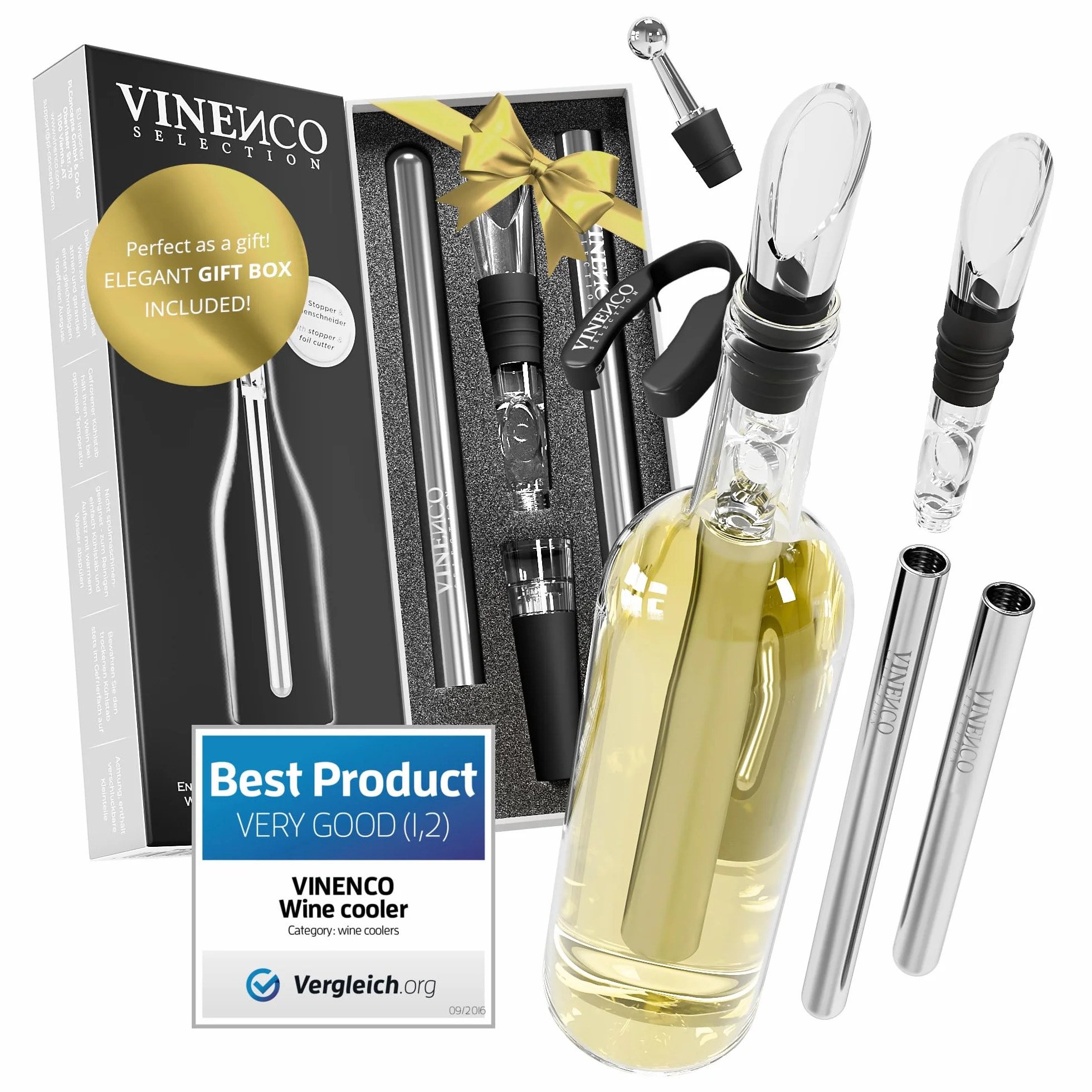 Enfriador de Botellas de Vino Blanco 3 en 1 Kit: Juego de Refrigeración Acero + Tapón Decantador + Aireador Accesorios Bar