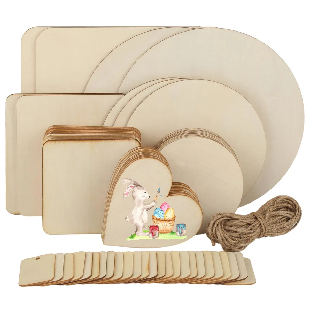 65 unidades de placas de madera sin tratar para manualidades, redondas, cuadradas, en forma de corazón, espacios en blanco, pirograbado, escritura, decapado de madera, juego para manualidades,