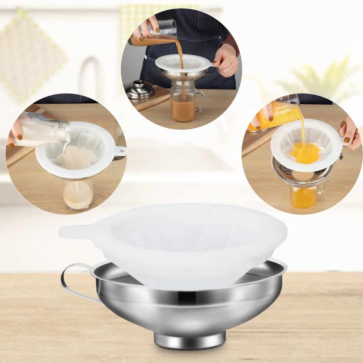 HAUSPROFI Set de embudo de acero inoxidable de 7 piezas con tarros de envasado, elevador y filtro - 3 tamaños de set de embudo de cocina para mermelada, envasado, aceite, especias - Apto para