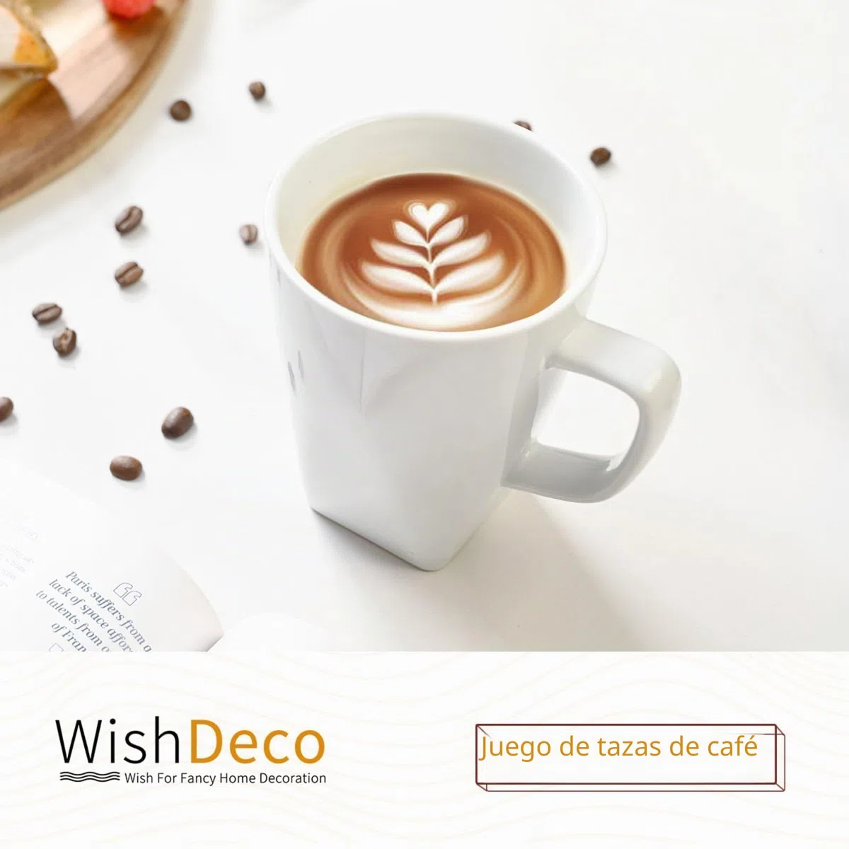 WishDeco Juego de 6 Tazas Porcelana, Tazas de Cafe Grandes 400ml, Taza Desayuno, Taza de Té Blancas, Mug Cerámica para Capuchino, Leche, Zumo