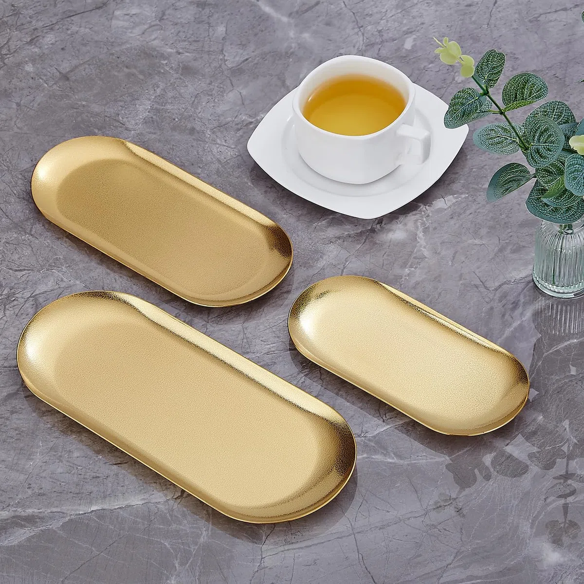 SANQIAHOME Platos de aperitivo óvalo de 21x9cm, juego de 4,platos llanos de acero inoxidable grueso, platos de postre de pasta para sushi, horno de frutas/lavavajillas apto,Oro
