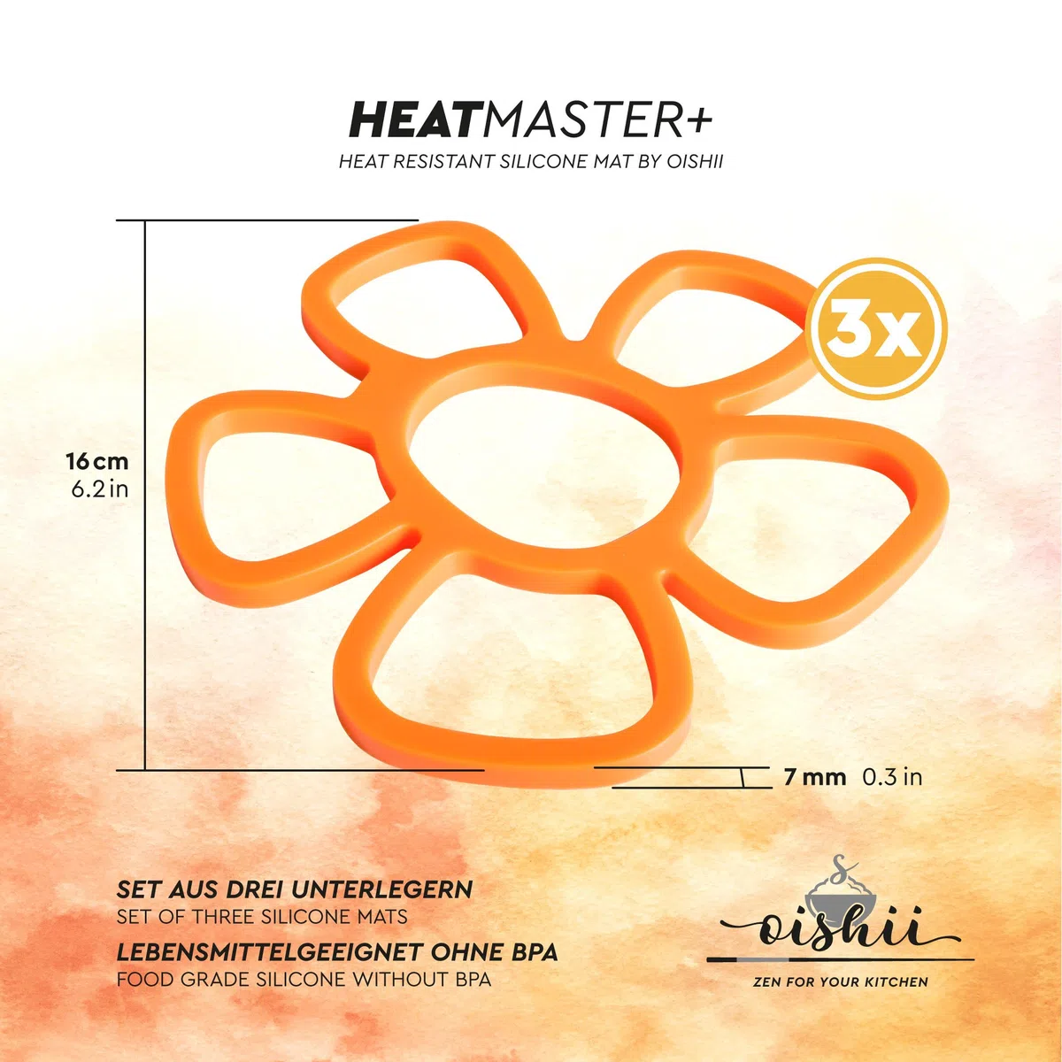 Oishii Heatmaster+ Conjunto de 3 salvamanteles, resistente al calor - diseño de flores, color naranja