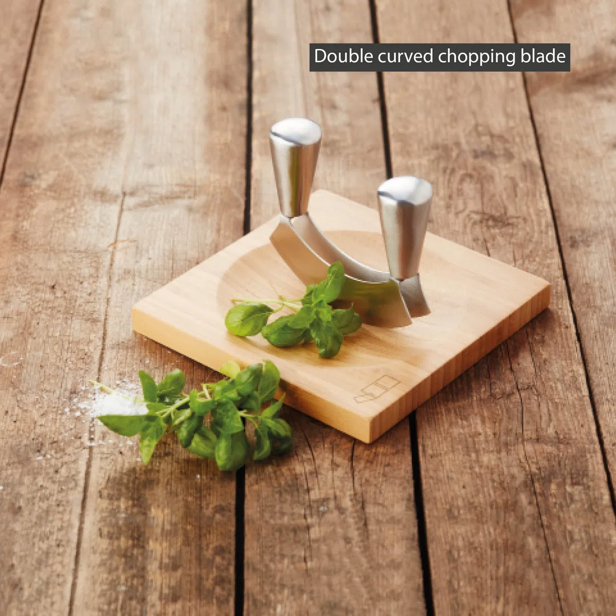 Point-Virgule Cuchillo Cocina para Picar Hierbas con Tabla Cortar de bambú, Cuchillo Media Luna, Cortador Hierba