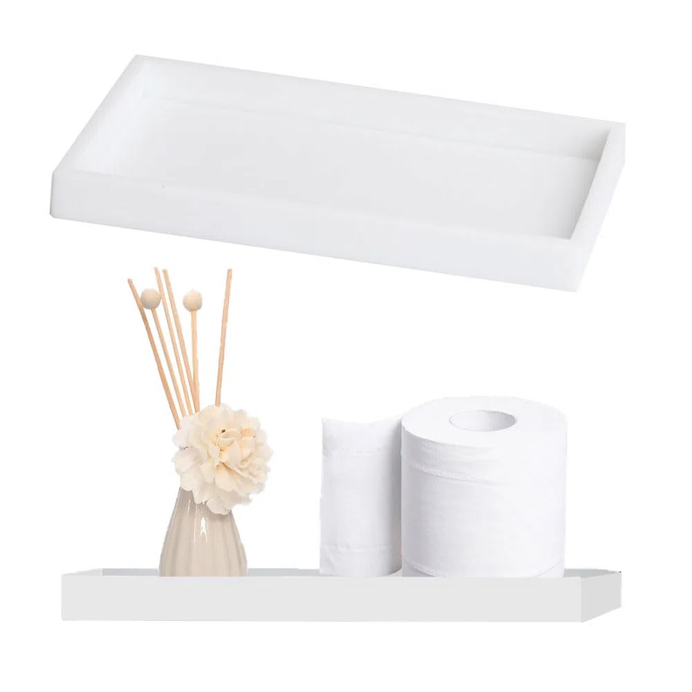 2 Piezas Bandeja Baño Blanca, Bandeja Lavabo Baño Bandeja para Cuarto de Baños Bandejas Silicona Rectangular, para Jabón, Toalla, Perfumero (Blanco-S)