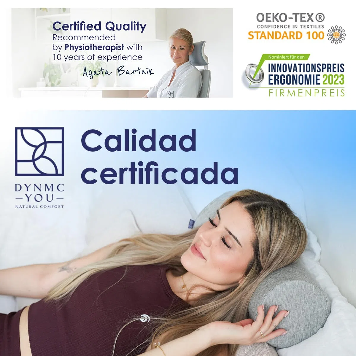 DYNMC you Cojín Cervical de Soporte con Funda de Bambú Oeko-Tex Cojín Cilíndrico Ultra Núcleo de Espuma de Memoria, Cojín de Cuello, Cojín Lumbar y Cojín de Rodillas, Gris