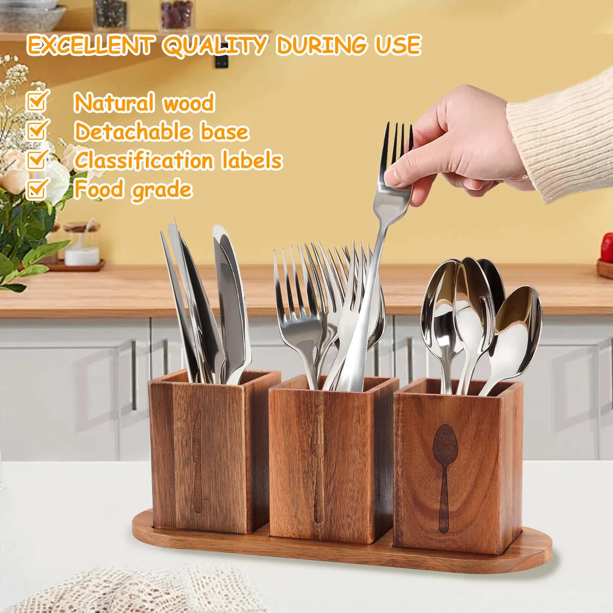 Escurridor de cubiertos de madera, portacubiertos de mesa con orificio de drenaje inferior, escurridor de cubiertos de cocina con bandeja de madera, soporte para utensilios para guardar palillos,
