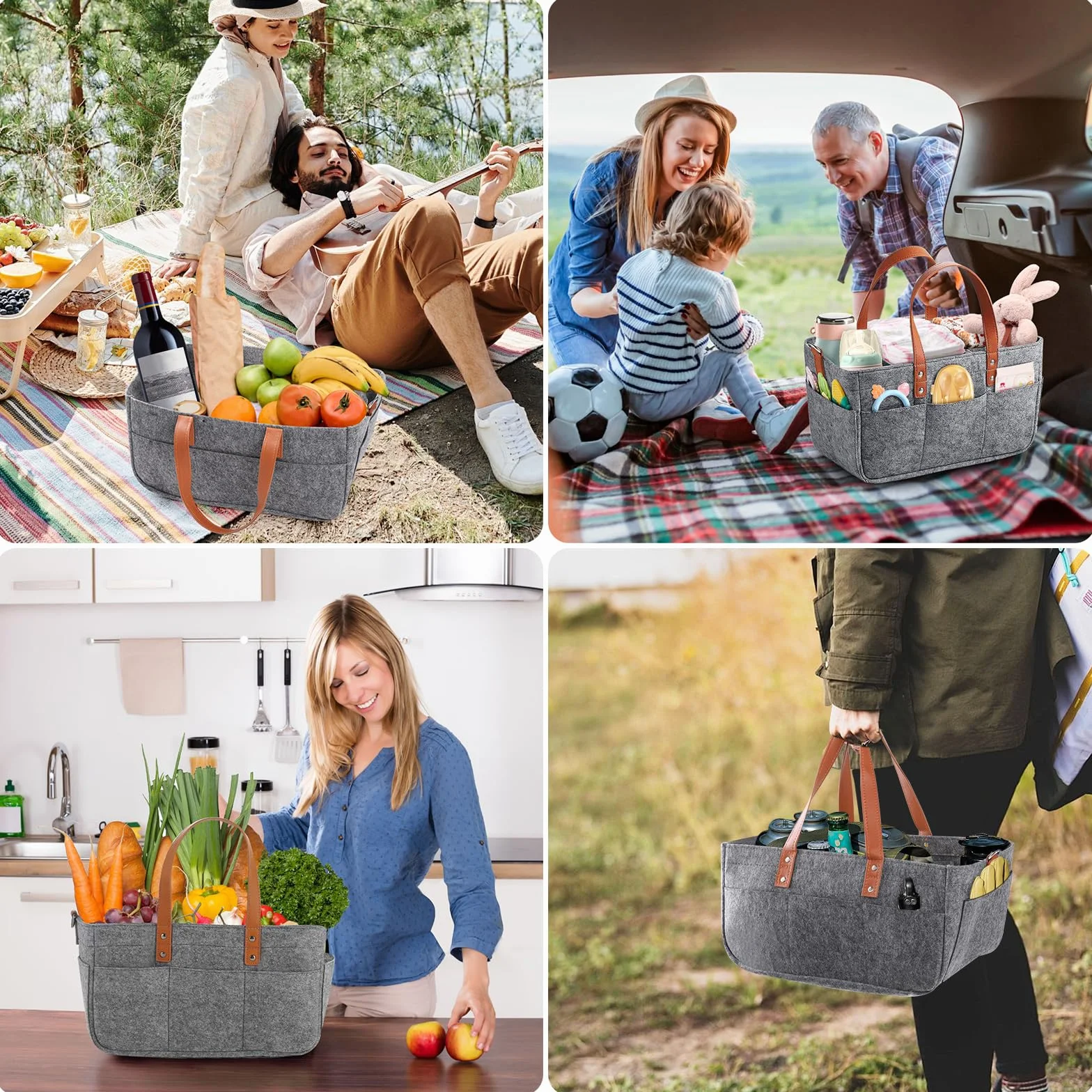 2 Piezes Bolsa de Fieltro, 16L Bolsa Compra Cesta de la Compra de Fieltro Plegable y Versátil con Compartimento y Bolsillo para Compras, Picnic, Leña, Juguetes - Gris Oscuro/ 38x23x18 cm