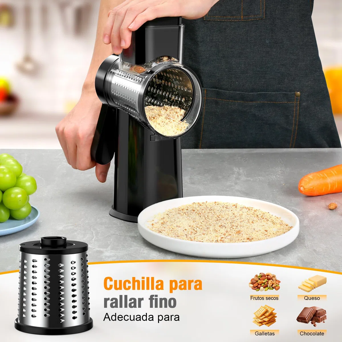 Ibergrif Rallador de Queso Manual con Manivela, Rallador Giratorio Multifunción - 3 Cuchillas de Acero Inoxidable 430 para Cortar, Rallar y Laminar, con Protector de Dedos y Base con Ventosa