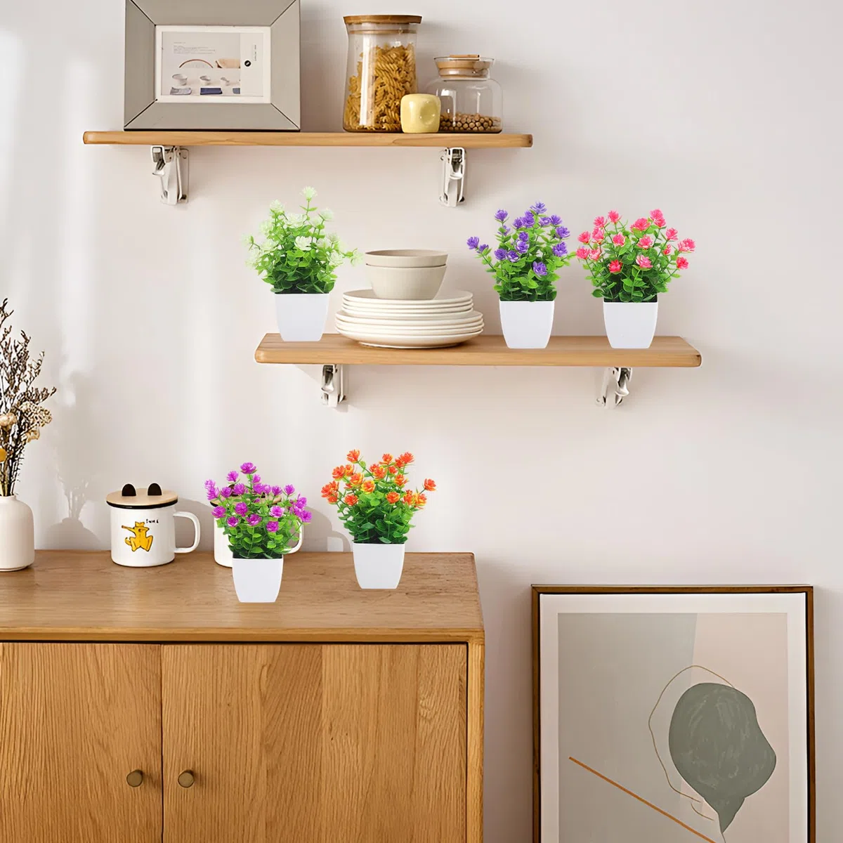6 Piezas Flores Artificiales Decoracion 7,48 Pulgadas Planta Artificial Pequeña con Macetas Plastico para Dormitorios Salones Balcón y Decoración Baño